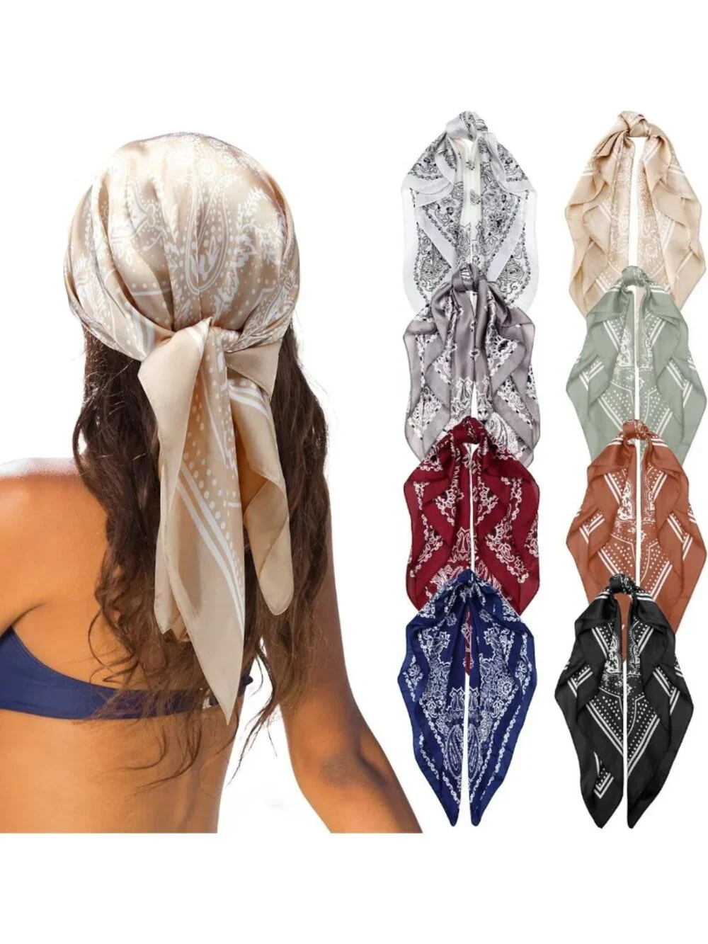 8 Pcs Silk Bandana Square Satin Scarves for Women - Hair Wraps & Neck Scarves